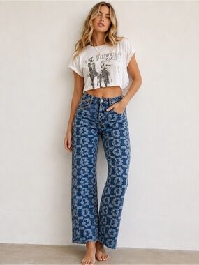 Pull&Bear Blue Floral-Block Wide-Leg Jeans NWOT